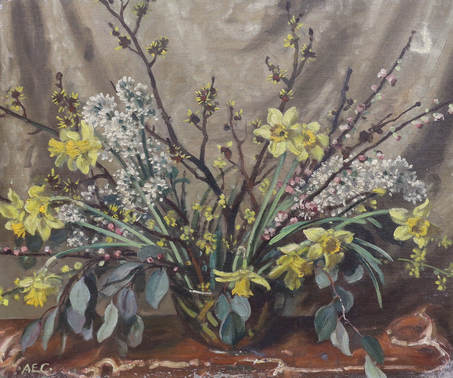 Alfred Egerton Cooper (1883-1974), Spring flowers in a vase, oil on canvas, 63 x 76cm, unframed
